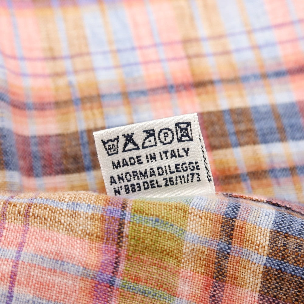 【中古】フィナモレ Finamore リネン チェック ホリゾンタルカラー カジュアルシャツ コーラルピンクxネイビー【サイズ38】【 状態ランクB 】【 メンズ 】