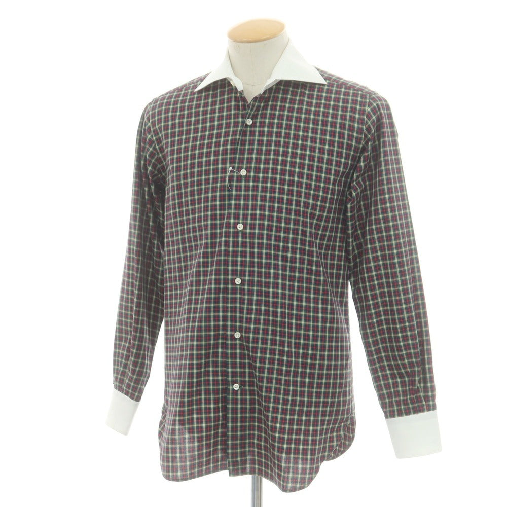 【中古】オリアン ORIAN コットン チェック ワイドカラー クレリック カジュアルシャツ グリーンxレッド【 38 】【 状態ランクC 】【 メンズ 】