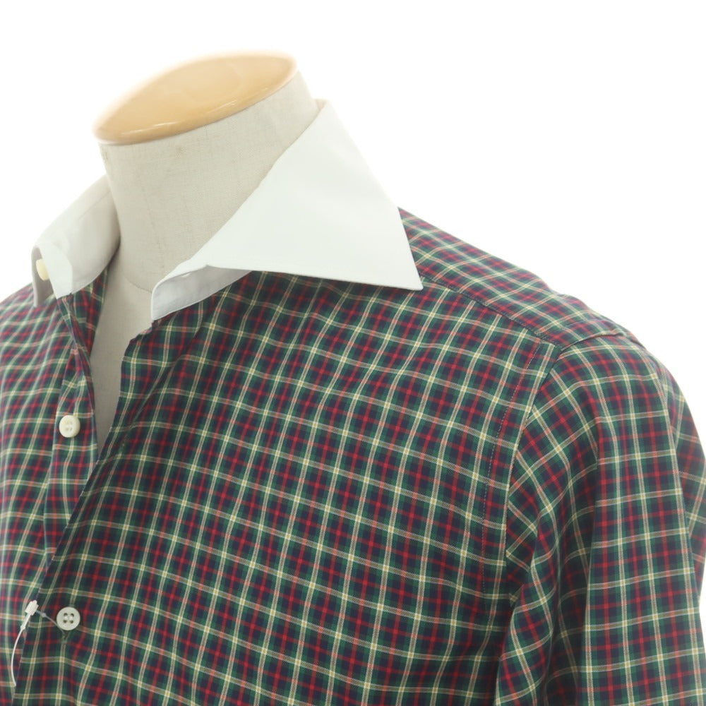 【中古】オリアン ORIAN コットン チェック ワイドカラー クレリック カジュアルシャツ グリーンxレッド【 38 】【 状態ランクC 】【 メンズ 】