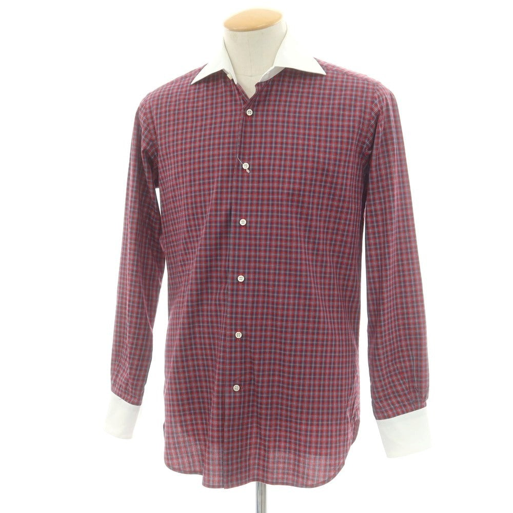 【中古】オリアン ORIAN コットン チェック ワイドカラー クレリック カジュアルシャツ レッドxグレー【 38 】【 状態ランクC 】【 メンズ 】