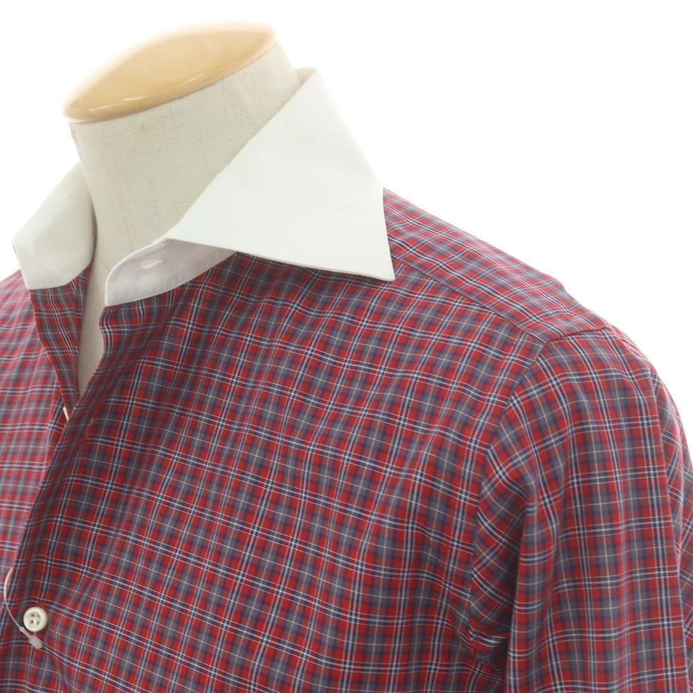 【中古】オリアン ORIAN コットン チェック ワイドカラー クレリック カジュアルシャツ レッドxグレー【 38 】【 状態ランクC 】【 メンズ 】