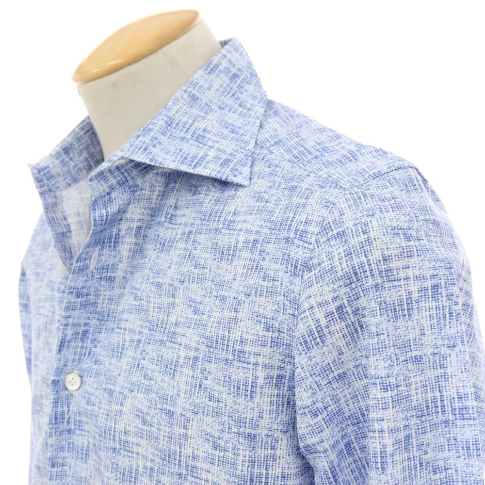 【中古】ヴィンツェンツォ ディ ルジエッロ Vincenzo di Ruggiero コットンリネン 総柄 プリント セミワイドカラー カジュアルシャツ ブルーxホワイト【サイズ38】【 状態ランクB 】【 メンズ 】