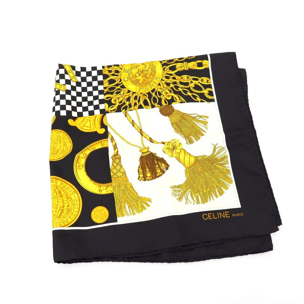 【中古】セリーヌ CELINE シルク スカーフ ブラックxホワイト【 状態ランクB 】【 ユニセックス 】