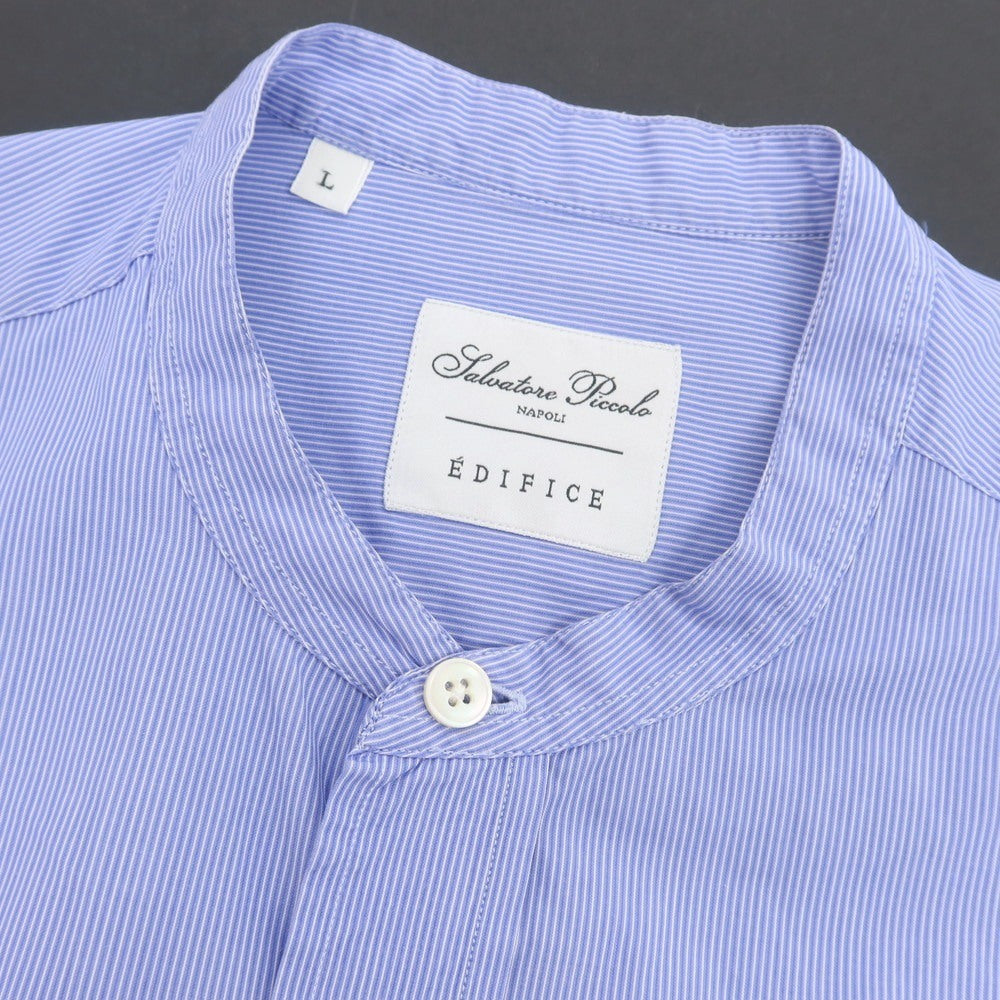 【中古】サルヴァトーレピッコロ Salvatore Piccolo EDIFICE別注 コットン ストライプ バンドカラー カジュアルシャツ ブルーxホワイト【 L 】【 状態ランクC 】【 メンズ 】