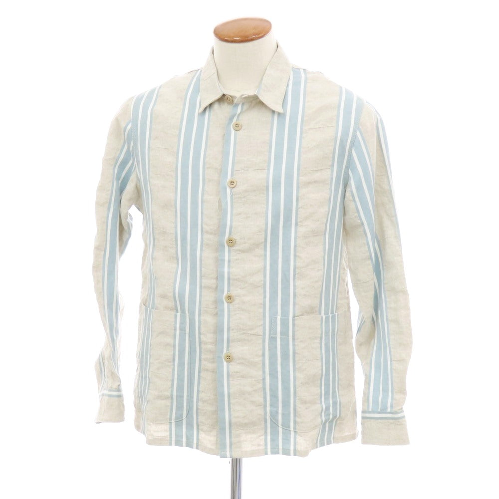 【中古】イーストハーバーサープラス East Harbour Surplus HADLEY 80 リネンコットン ストライプ シャツジャケット グレージュxブルーグリーン【 46 】【 状態ランクB 】【 メンズ 】