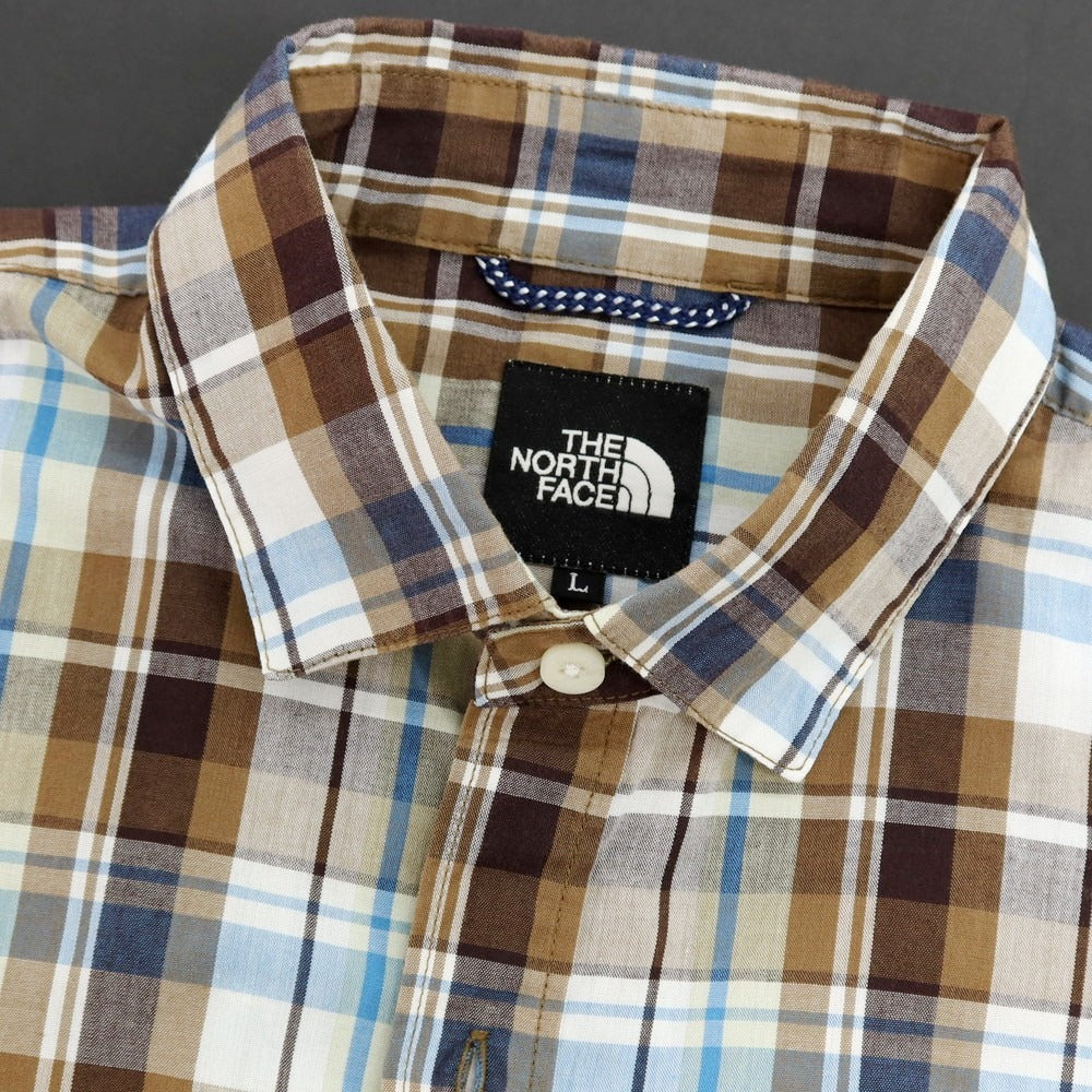 【中古】ザノースフェイス THE NORTH FACE ポリエステルコットン チェック 半袖シャツ ブラウンxホワイト【サイズL】【 状態ランクB 】【 メンズ 】 [DPD]
