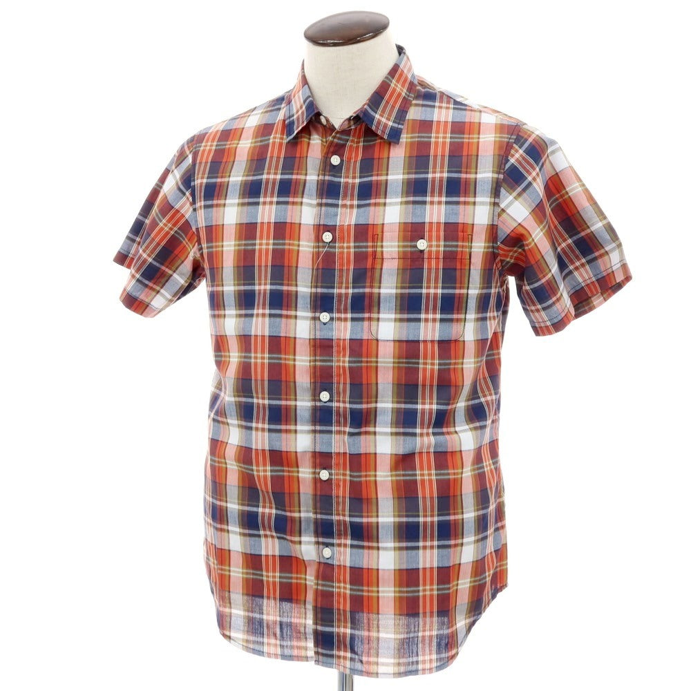 【中古】ザノースフェイス THE NORTH FACE ポリエステル チェック 半袖シャツ オレンジxネイビー【サイズL】【 状態ランクB 】【 メンズ 】