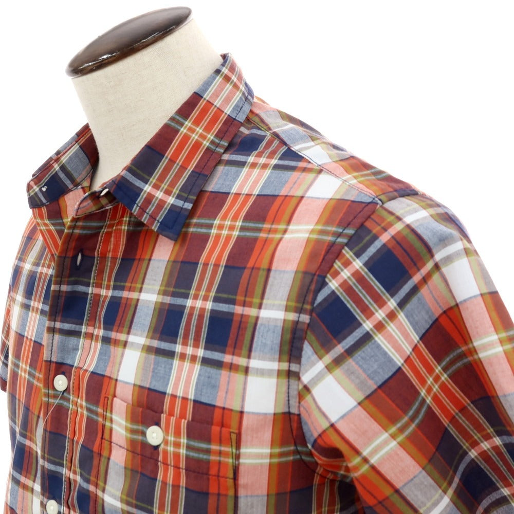 【中古】ザノースフェイス THE NORTH FACE ポリエステル チェック 半袖シャツ オレンジxネイビー【サイズL】【 状態ランクB 】【 メンズ 】