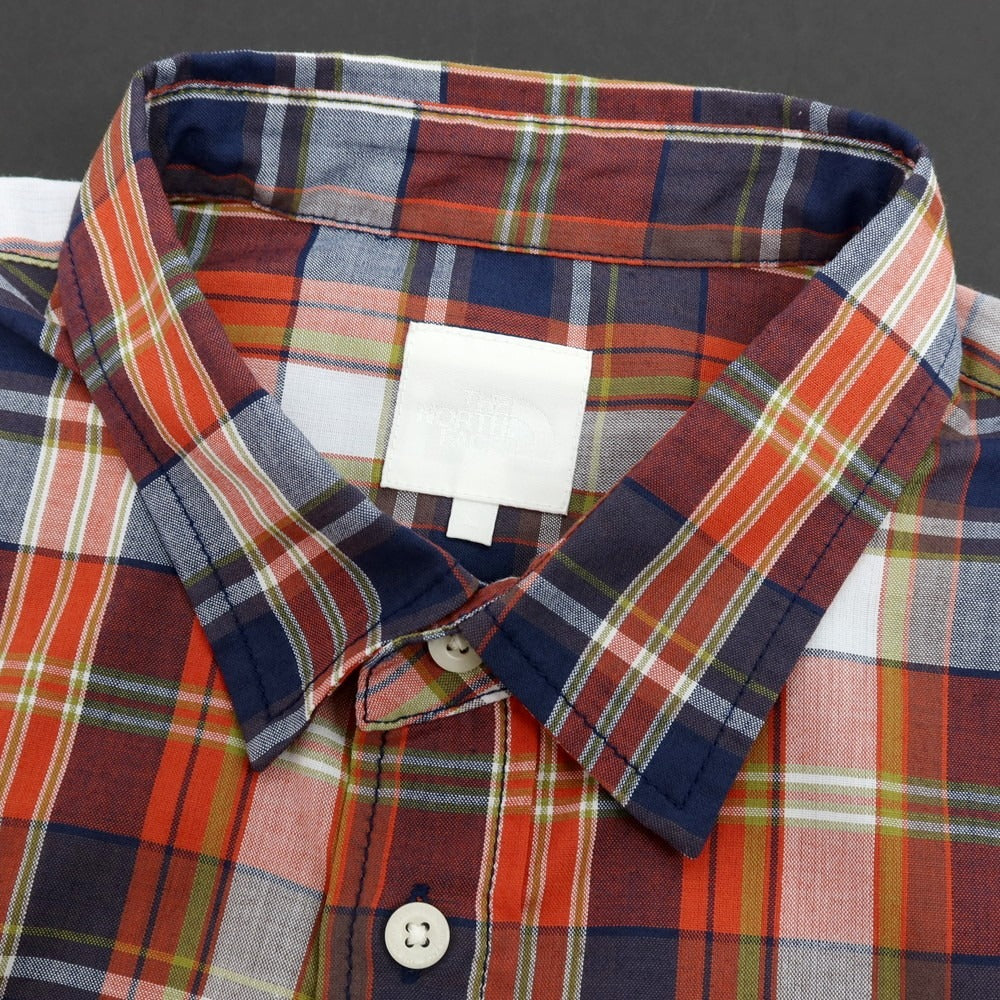 【中古】ザノースフェイス THE NORTH FACE ポリエステル チェック 半袖シャツ オレンジxネイビー【サイズL】【 状態ランクB 】【 メンズ 】