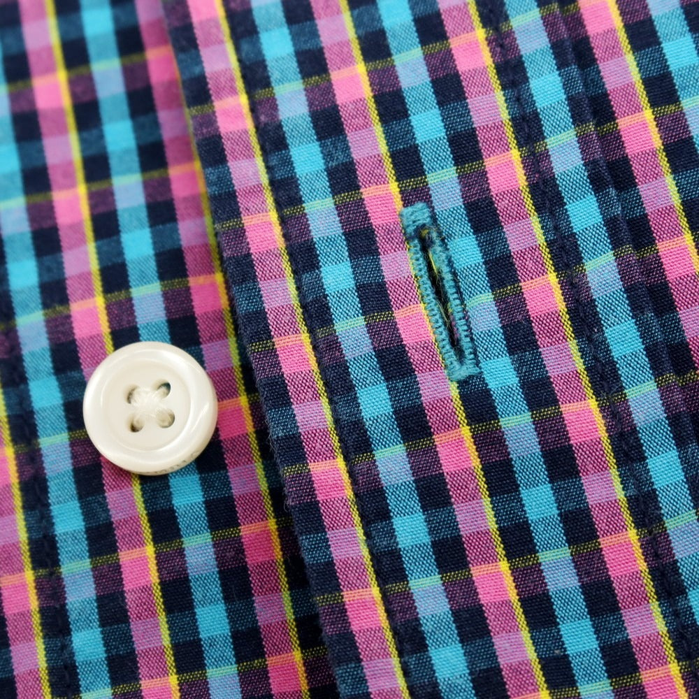 【中古】コロンビア Columbia コットン チェック ボタンダウン 半袖シャツ ブルーxピンク【サイズL】【 状態ランクB 】【 メンズ 】