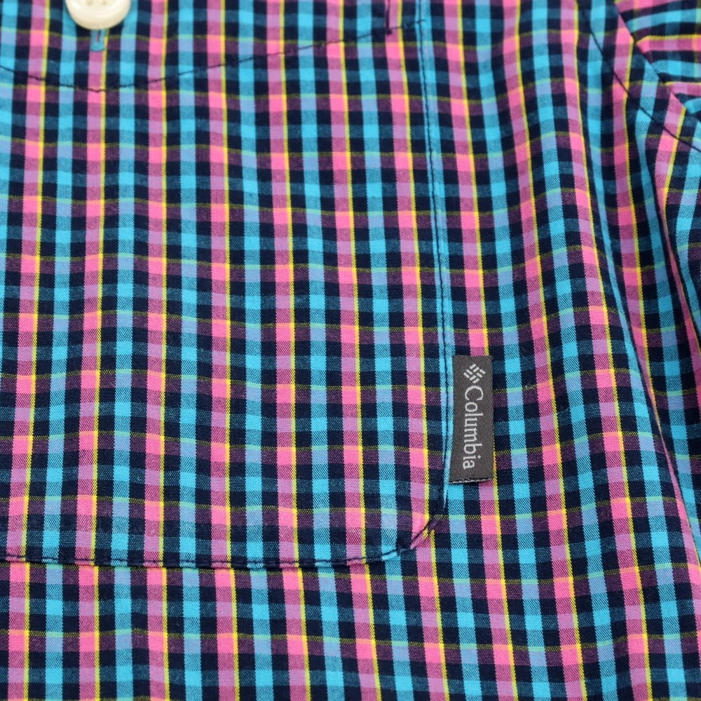 【中古】コロンビア Columbia コットン チェック ボタンダウン 半袖シャツ ブルーxピンク【サイズL】【 状態ランクB 】【 メンズ 】 [DPD]