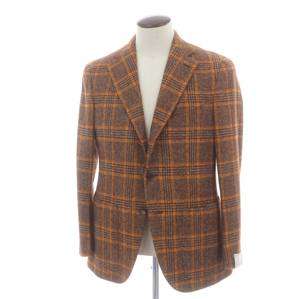 【中古】【未使用】カルーゾ CARUSO aida アルパカコットンナイロン チェック 3B テーラードジャケット ブラウンxオレンジ【 50 】【 状態ランクS 】【 メンズ 】