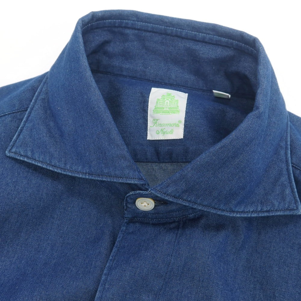 【中古】フィナモレ Finamore コットン ホリゾンタルカラー カジュアルシャツ ネイビーブルー【 39 】【 状態ランクB 】【 メンズ 】