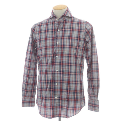 【中古】フィナモレ Finamore コットン チェック カッタウェイ カジュアルシャツ ライトグレーxネイビー×レッド【 38 】【 状態ランクA 】【 メンズ 】