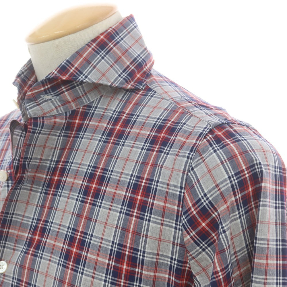【中古】フィナモレ Finamore コットン チェック カッタウェイ カジュアルシャツ ライトグレーxネイビー×レッド【 38 】【 状態ランクA 】【 メンズ 】