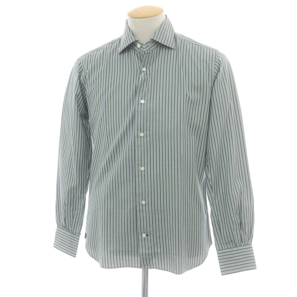 【中古】【未使用】オリアン ORIAN コットン ストライプ ワイドカラー カジュアルシャツ オリーブxホワイト【 38 】【 状態ランクS 】【 メンズ 】