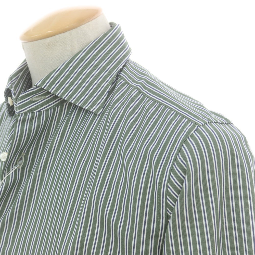 【中古】【未使用】オリアン ORIAN コットン ストライプ ワイドカラー カジュアルシャツ オリーブxホワイト【 38 】【 状態ランクS 】【 メンズ 】