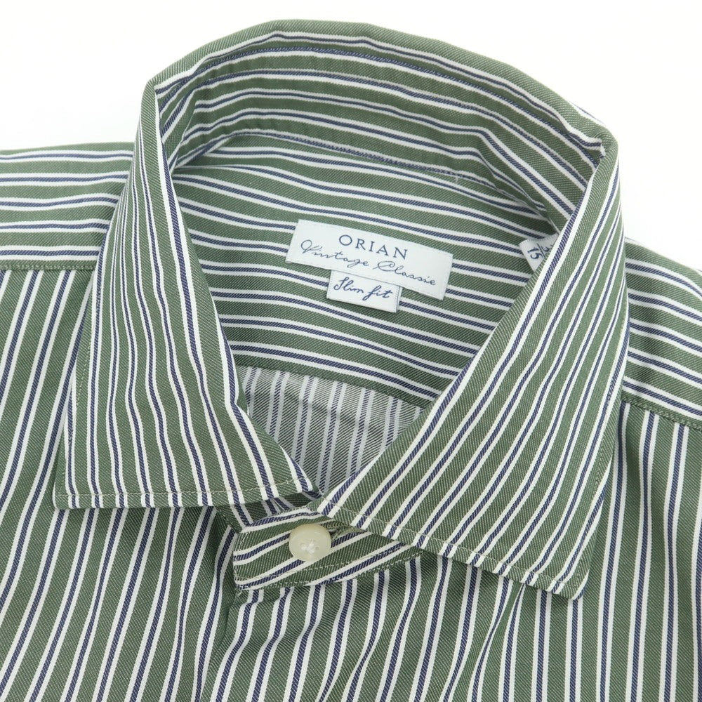 【中古】【未使用】オリアン ORIAN コットン ストライプ ワイドカラー カジュアルシャツ オリーブxホワイト【 38 】【 状態ランクS 】【 メンズ 】