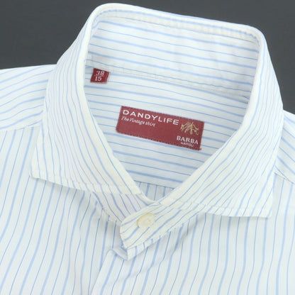【中古】バルバ ダンディライフ BARBA DANDY LIFE コットン ストライプ ホリゾンタルカラー ドレスシャツ ホワイトxライトブルー【 38 】【 状態ランクC 】【 メンズ 】