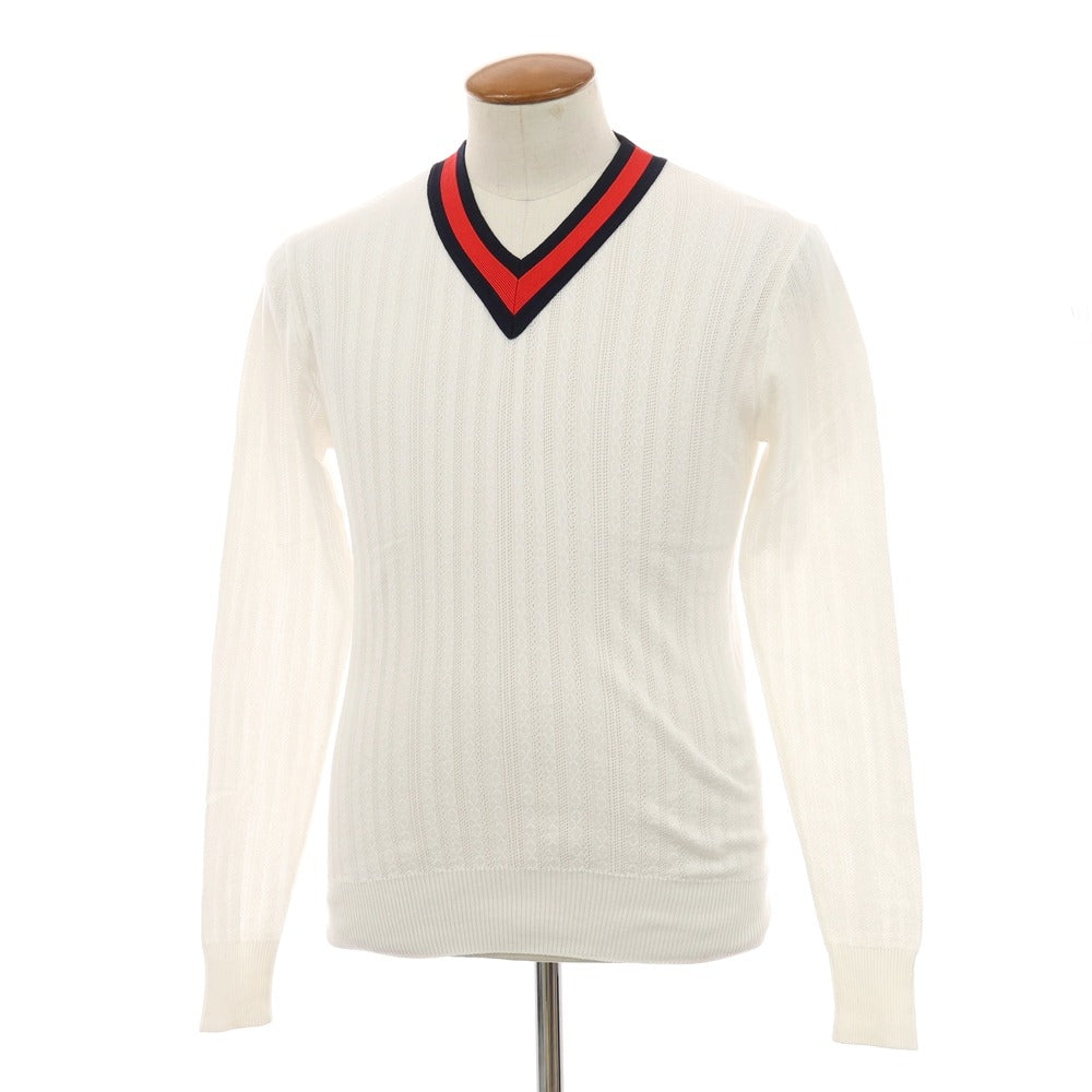 【中古】ルトロワ Letroyes コットン 透かし編み Vネック プルオーバーニット ホワイトxレッド×ネイビー【サイズ3】【 状態ランクA 】【 メンズ 】