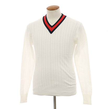 【中古】ルトロワ Letroyes コットン 透かし編み Vネック プルオーバーニット ホワイトxレッド×ネイビー【サイズ3】【 状態ランクA 】【 メンズ 】