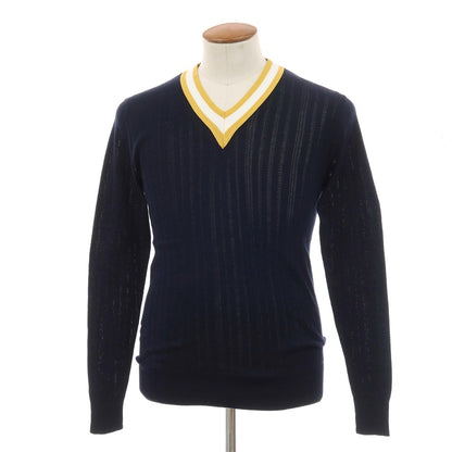 【中古】ルトロワ Letroyes コットン 透かし編み Vネック プルオーバーニット ネイビーxイエロー×ホワイト【サイズ3】【 状態ランクA 】【 メンズ 】