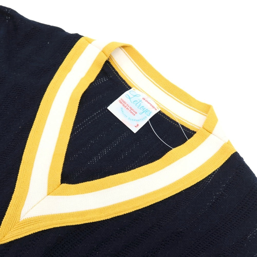【中古】ルトロワ Letroyes コットン 透かし編み Vネック プルオーバーニット ネイビーxイエロー×ホワイト【サイズ3】【 状態ランクA 】【 メンズ 】