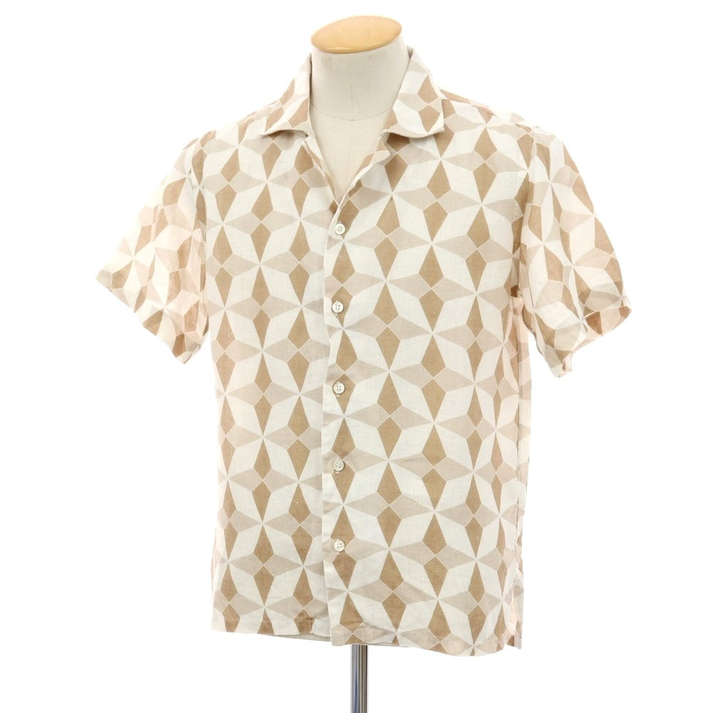 【中古】マリオ ムスカリエッロ Mario Muscariello リネン 総柄 プリント オープンカラー 半袖シャツ ホワイトxライトブラウン【サイズS】【 状態ランクB 】【 メンズ 】