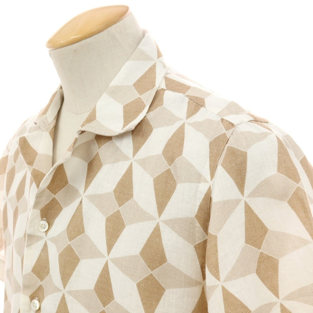 【中古】マリオ ムスカリエッロ Mario Muscariello リネン 総柄 プリント オープンカラー 半袖シャツ ホワイトxライトブラウン【サイズS】【 状態ランクB 】【 メンズ 】