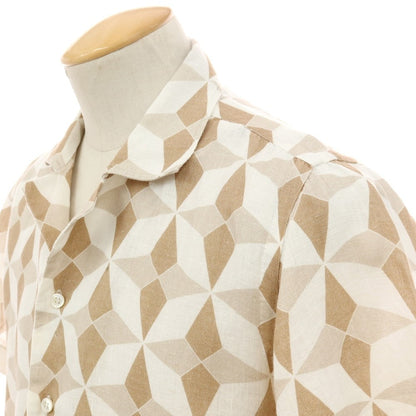 【中古】マリオ ムスカリエッロ Mario Muscariello リネン 総柄 プリント オープンカラー 半袖シャツ ホワイトxライトブラウン【サイズS】【 状態ランクB 】【 メンズ 】