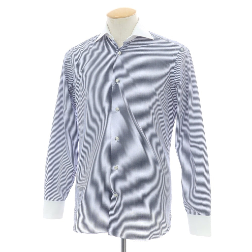 【中古】ボリエッロ BORRIELLO コットン ストライプ ワイドカラー クレリック ドレスシャツ ネイビーxホワイト【 37 】【 状態ランクB 】【 メンズ 】