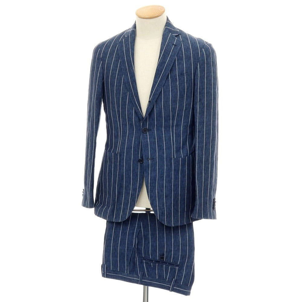 【中古】デペトリロ DE PETRILLO リネン ストライプ 3つボタンスーツ ネイビーブルーxホワイト【サイズ上44/下46】【 状態ランクC 】【 メンズ 】