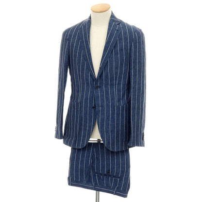 【中古】デペトリロ DE PETRILLO リネン ストライプ 3つボタンスーツ ネイビーブルーxホワイト【サイズ上44/下46】【 状態ランクC 】【 メンズ 】