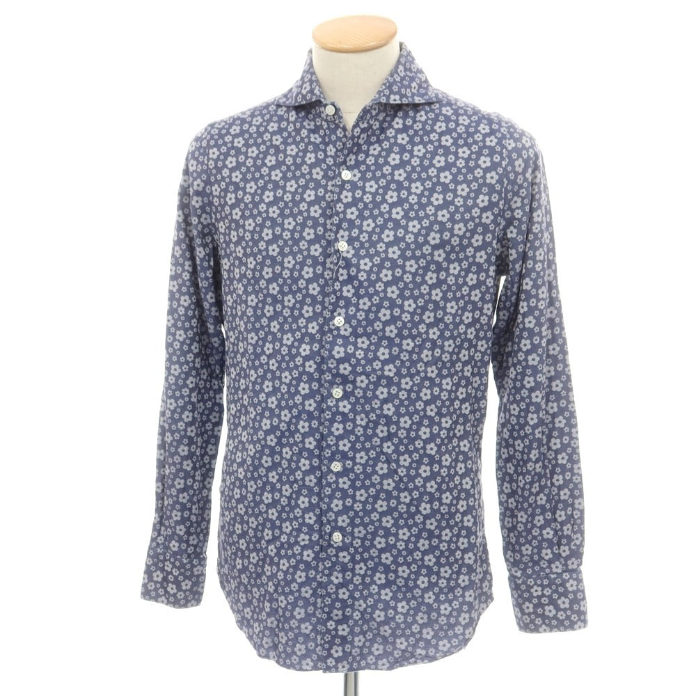 【中古】フィナモレ Finamore コットン フラワー ジャカード ホリゾンタルカラー カジュアルシャツ ライトネイビー【 38 】【 状態ランクC 】【 メンズ 】