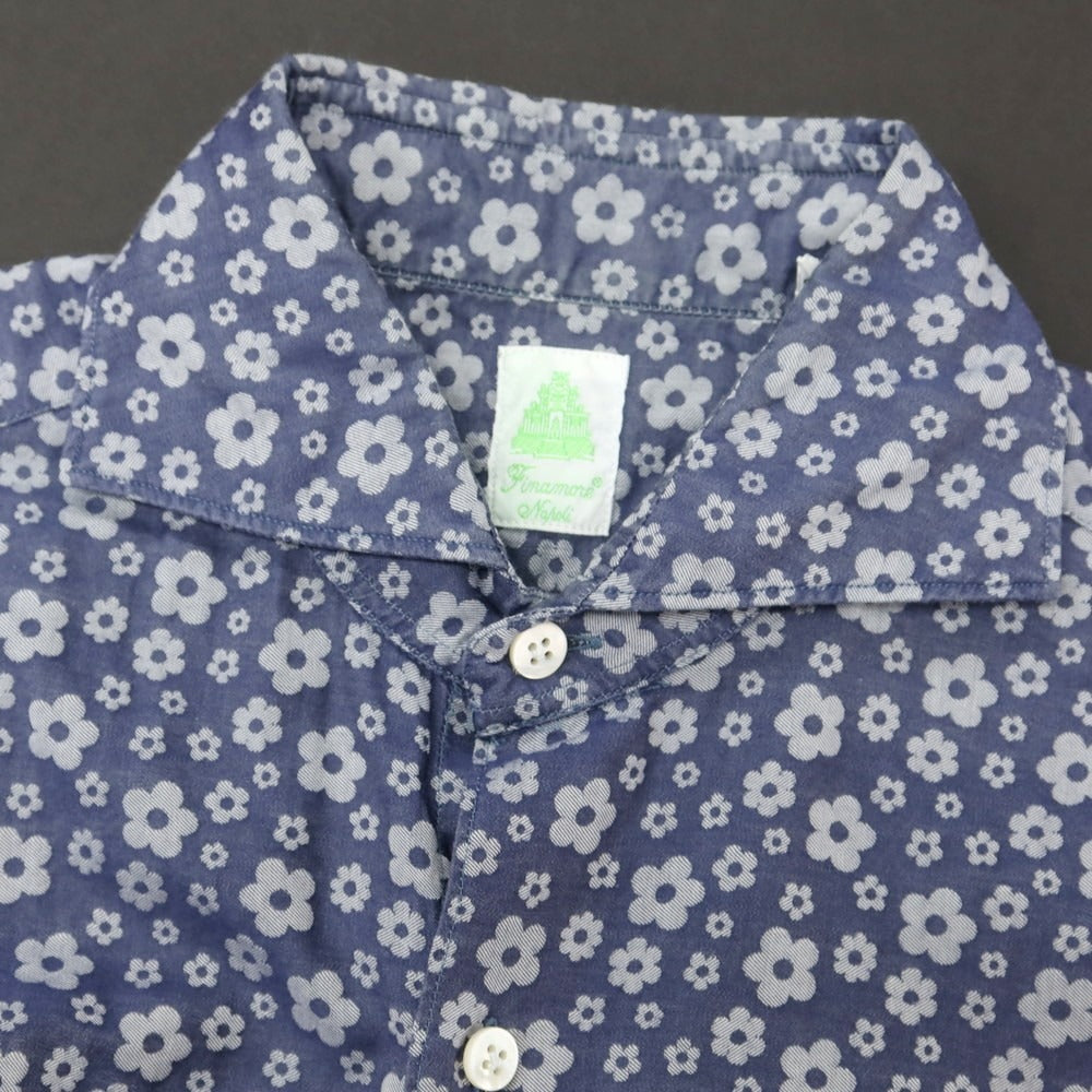 【中古】フィナモレ Finamore コットン フラワー ジャカード ホリゾンタルカラー カジュアルシャツ ライトネイビー【 38 】【 状態ランクC 】【 メンズ 】