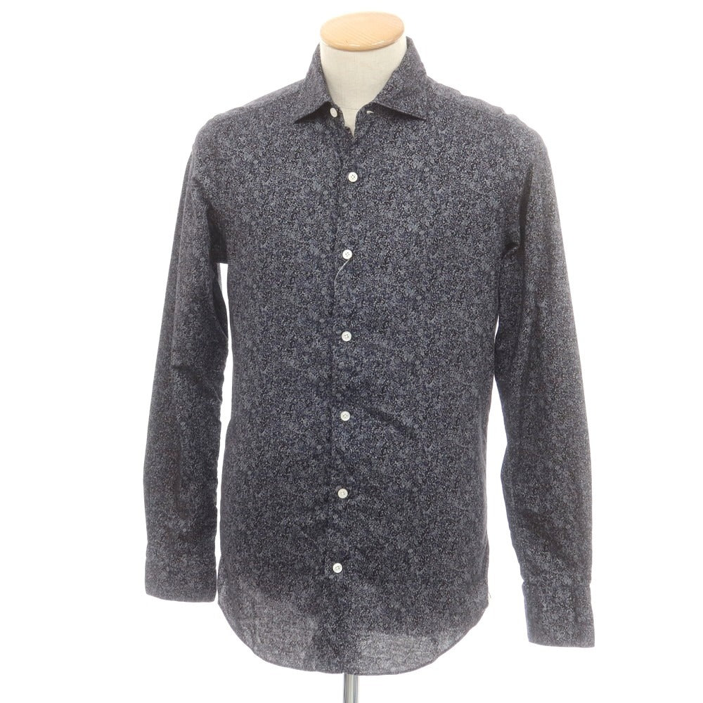 【中古】フィナモレ Finamore コットン ボタニカル柄 プリント ワイドカラー カジュアルシャツ ネイビーxブラック【 38 】【 状態ランクB 】【 メンズ 】