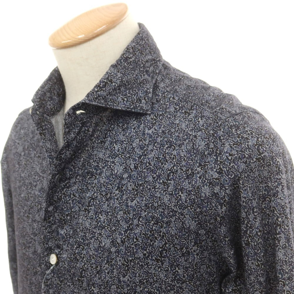【中古】フィナモレ Finamore コットン ボタニカル柄 プリント ワイドカラー カジュアルシャツ ネイビーxブラック【 38 】【 状態ランクB 】【 メンズ 】