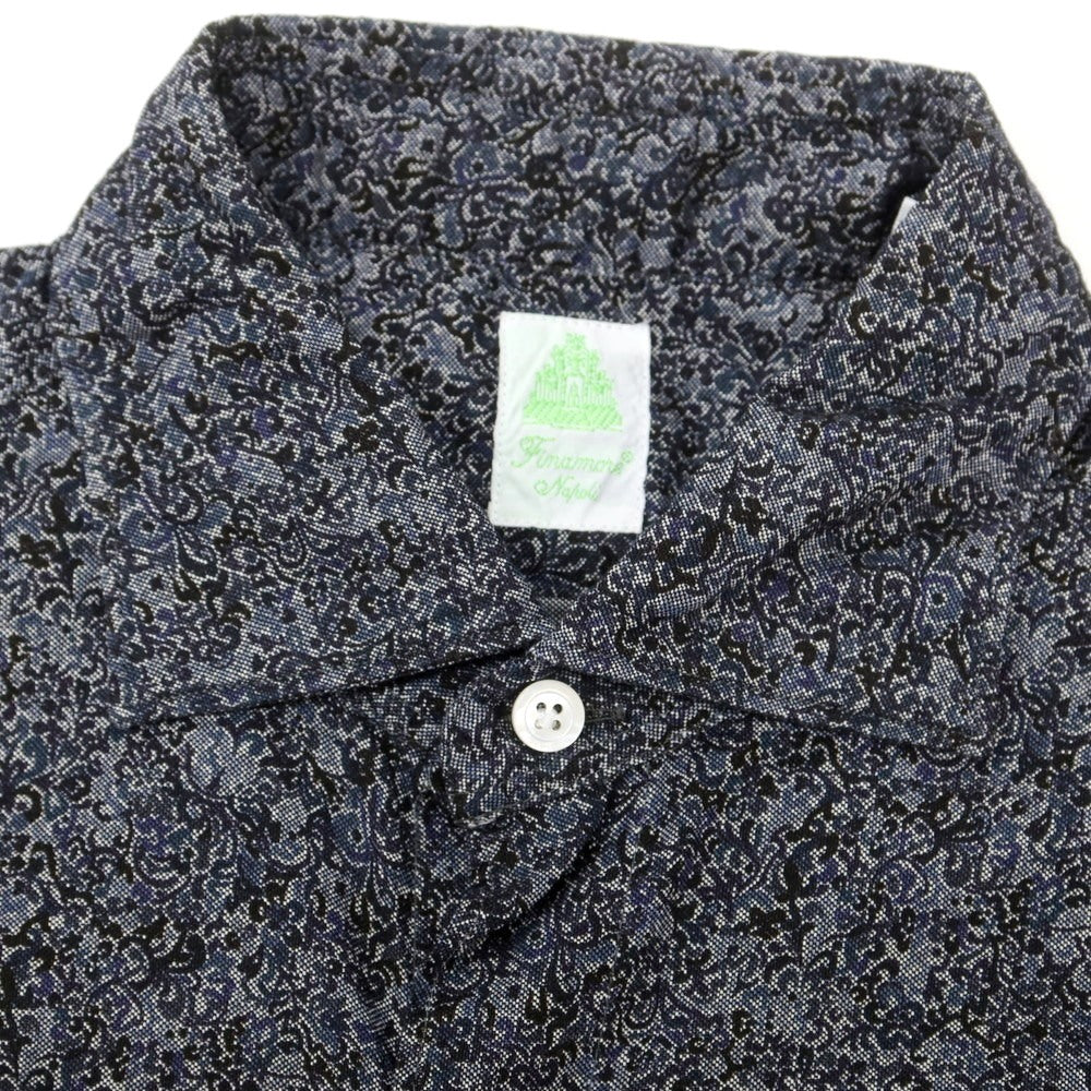 【中古】フィナモレ Finamore コットン ボタニカル柄 プリント ワイドカラー カジュアルシャツ ネイビーxブラック【 38 】【 状態ランクB 】【 メンズ 】