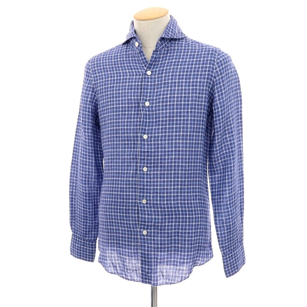 【中古】フィナモレ Finamore リネン チェック カッタウェイ カジュアルシャツ ライトネイビーxブルー【サイズ38】【 状態ランクB 】【 メンズ 】