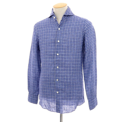 【中古】フィナモレ Finamore リネン チェック カッタウェイ カジュアルシャツ ライトネイビーxブルー【サイズ38】【 状態ランクB 】【 メンズ 】