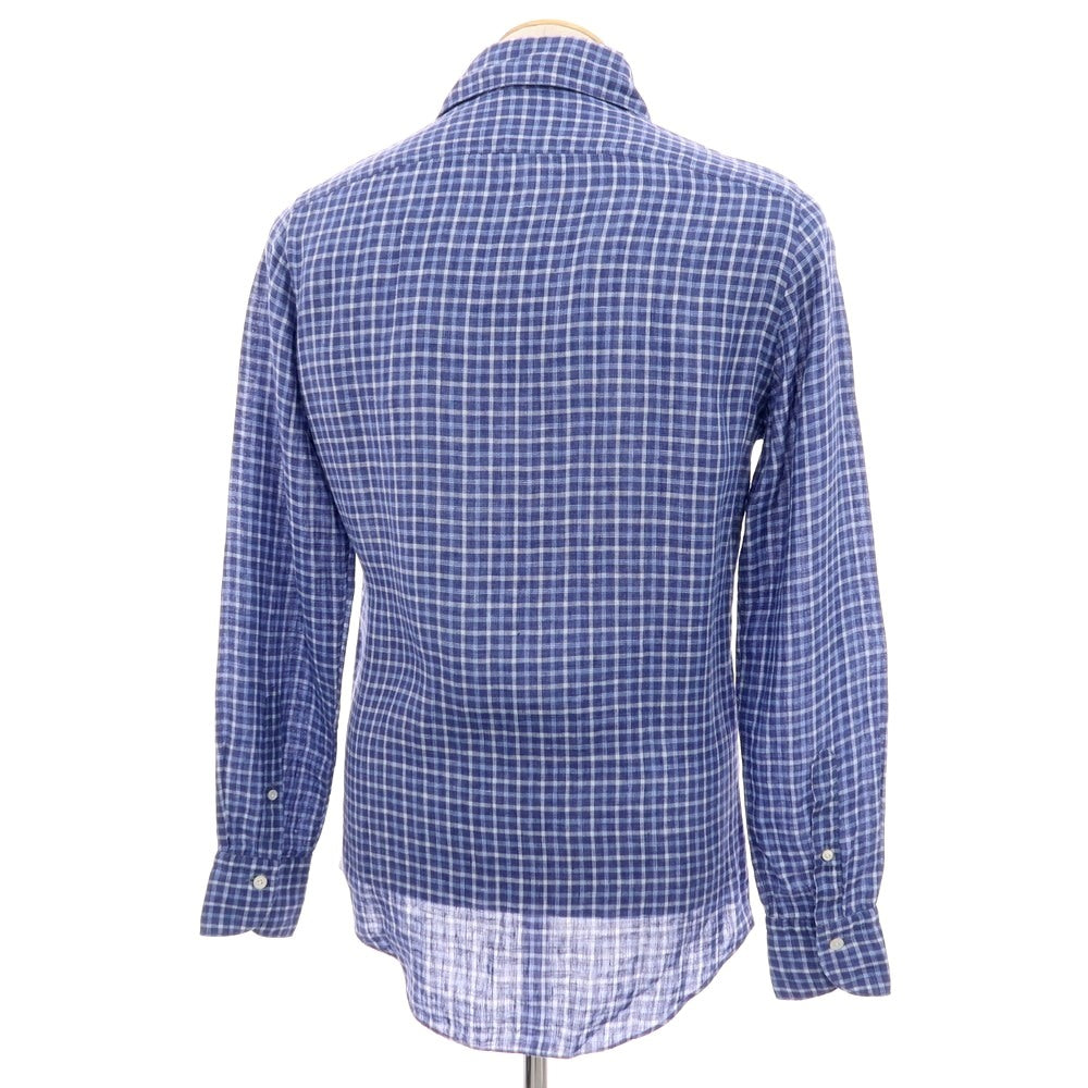 【中古】フィナモレ Finamore リネン チェック カッタウェイ カジュアルシャツ ライトネイビーxブルー【サイズ38】【 状態ランクB 】【 メンズ 】