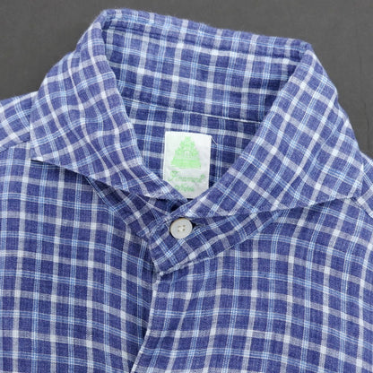 【中古】フィナモレ Finamore リネン チェック カッタウェイ カジュアルシャツ ライトネイビーxブルー【サイズ38】【 状態ランクB 】【 メンズ 】