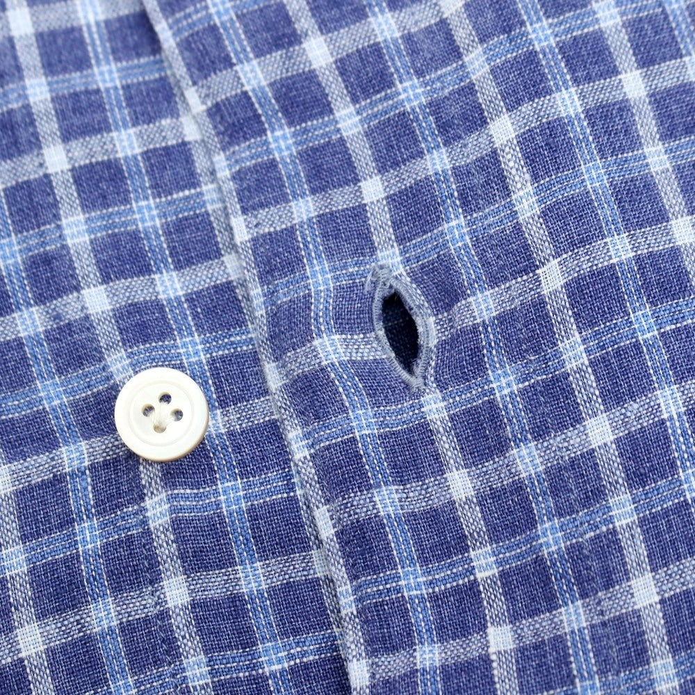 【中古】フィナモレ Finamore リネン チェック カッタウェイ カジュアルシャツ ライトネイビーxブルー【サイズ38】【 状態ランクB 】【 メンズ 】