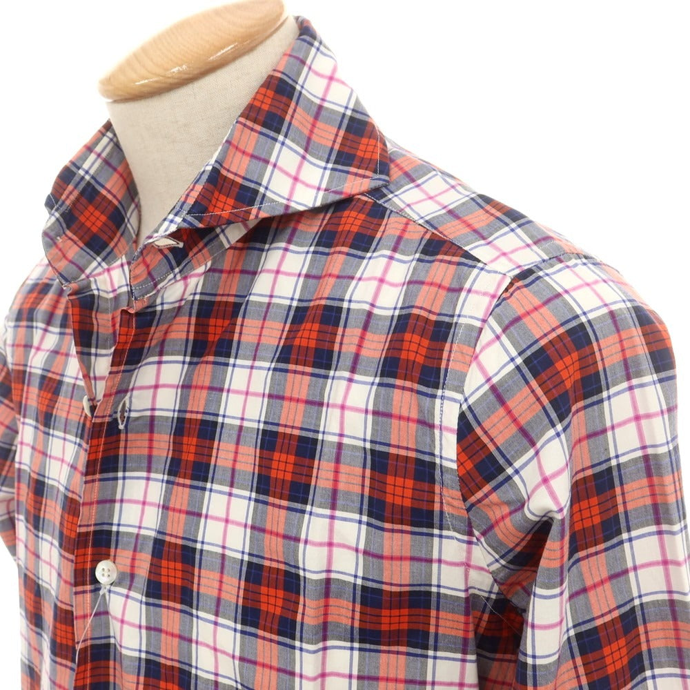 【中古】フィナモレ Finamore コットン チェック カッタウェイ カジュアルシャツ オレンジxネイビー【 S 】【 状態ランクB 】【 メンズ 】