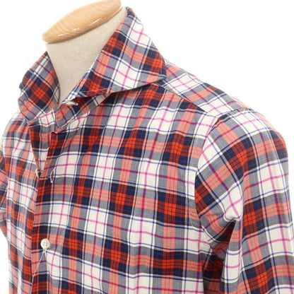 【中古】フィナモレ Finamore コットン チェック カッタウェイ カジュアルシャツ オレンジxネイビー【 S 】【 状態ランクB 】【 メンズ 】