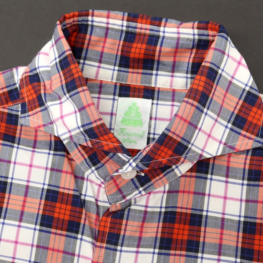 【中古】フィナモレ Finamore コットン チェック カッタウェイ カジュアルシャツ オレンジxネイビー【 S 】【 状態ランクB 】【 メンズ 】