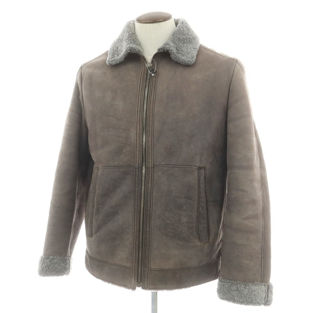 【中古】ヒューゴボス HUGO BOSS ラムムートン ジップアップ レザーブルゾン グレーブラウン【 52 】【 状態ランクC 】【 メンズ 】