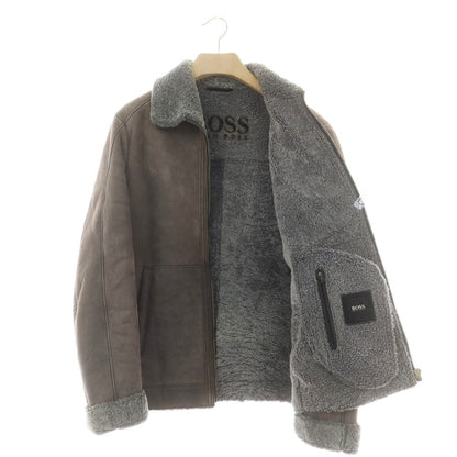 【中古】ヒューゴボス HUGO BOSS ラムムートン ジップアップ レザーブルゾン グレーブラウン【 52 】【 状態ランクC 】【 メンズ 】