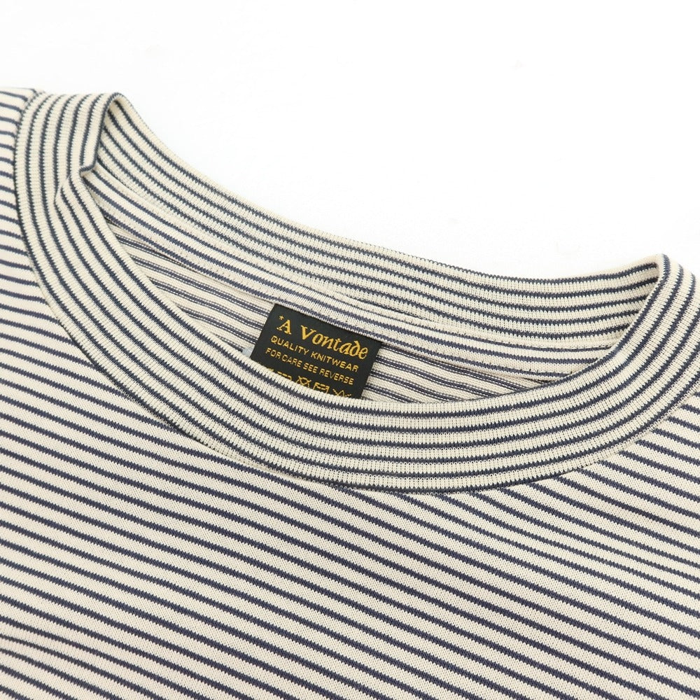【中古】アボンタージ A VONTADE コットン ボーダー クルーネック 半袖ポケットTシャツ ベージュxネイビー【サイズM】【 状態ランクA 】【 メンズ 】