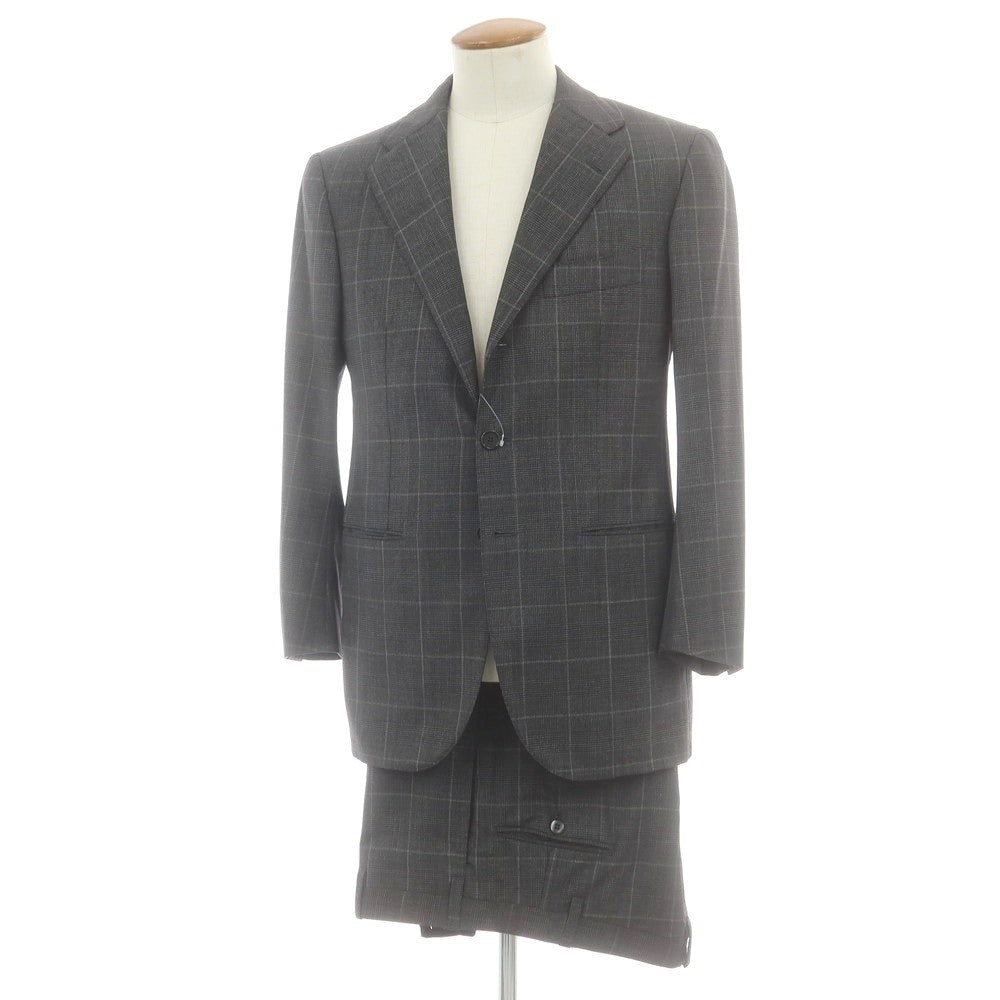 【中古】チェーザレ アットリーニ Cesare Attolini ウール チェック 3つボタンスーツ グレーxライトグレー【 上46/下44 】【 状態ランクB 】【 メンズ 】